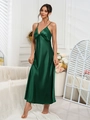 Detailed lace trim on V-neck of a dark green silk-like satin long chemise nightgown - S / Green