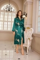 Elegant dark green satin bathrobe with floral and bird prints and matching waist belt - S / Green Floral Robe