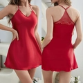 Elegante camisón de satén rojo para mujer con encaje floral en la espalda abierta - S / Rojo