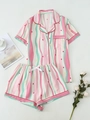 Dames pyjamaset met korte mouwen en roze en groene golfstrepen met kleine hartjespatronen - M / Roze Gestreept