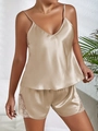Ensemble de lingerie en satin champagne avec caraco en V et short en dentelle - S / Haut Et Bas / Champagne