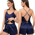 Women's 2-piece navy blue satin pajama set with V-neck camisole and elastic shorts - XL / Navy Blue