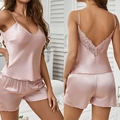 Conjunto de pijama de satén rosa para mujer con camisola de encaje y pantalón corto - S / Rosa