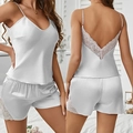 Ensemble pyjama femme en satin argenté avec dentelle, caraco et short soyeux - S / Haut Et Bas / Blanc