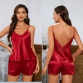 Conjunto de pijama de satén rojo con encaje floral y tirantes finos para mujer - 2XL / Rojo