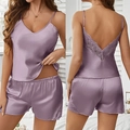 Conjunto de pijama de seda sintética morada para mujer con encaje en top y short - 2XL / Morado