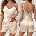 Champagnerfarbenes Satin-Pyjama-Set mit V-Ausschnitt, Top und Wimpernspitze - 2XL / Oberteil Und Unterteil / Khaki