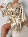 Detailed view of champagne satin robe with butterfly prints and elegant waist tie - S / Champagne Gold Butterfly