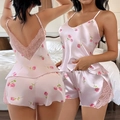 Pyjama en satin rose pour femme avec imprimé floral de roses et bordure en dentelle - S / Haut Et Bas / Rose