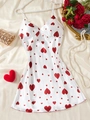Détail de nuisette en soie blanche avec imprimé cœurs rouges et accessoires en perles - S / Blanc avec Cœur