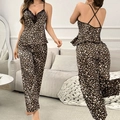 Lace trim leopard print satin pajama set for women with camisole and long pants - S / Leopard Print