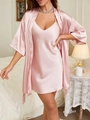Pink satin sleepwear set with V-neck chemise and belted robe in a cozy bedroom setting - S / Pink Robe And Slip Dress