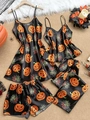 Detail of black satin Halloween sleepwear with pumpkin and spider web prints - S / Halloween 4-Piece Set