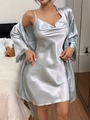 Close-up of light silver blue satin pajamas set featuring cowl neck dress and silky robe - S / Gray Slip Dress And Robe