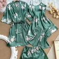 4-teiliges waldgrünes Satin-Pyjama-Set mit Kimono-Robe, Camisole-Top und Shorts - S / Grün Geblümt