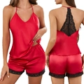 Women's red satin pajama set with black lace trim and sexy V-neck camisole shorts - S / True Red