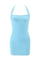 Sexy lichtblauwe halter bandage bodycon jurk met slanke pasvorm en horizontale strepen - S / Blauw