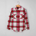 Detail of red and green plaid flannel shirt showing breast pockets and button closure - S / Multicolor (Real Item)