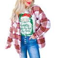 Camisa de franela a cuadros para mujer con camiseta de Papá Noel y vaqueros altos - S / Rosa Rojo