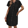 Women's black short sleeve cotton linen shirt dress with lapel collar and twin pockets - S / Black