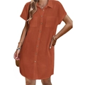 Women's summer short sleeve striped cotton linen shirt dress in brick red casual style - S / Orange Red