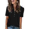 Women's black V-neck short sleeve T-shirt with decorative buttons and ribbed knit texture - S / Black