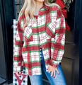 Chaqueta de franela de cuadros navideños para mujer con diseño escocés en rojo y verde - S / Rojo