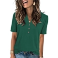 Women's V-neck dark green short sleeve T-shirt with button details and puff sleeves - S / Forest Green