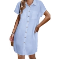 Vertical blue and white striped short sleeve cotton shirt dress with lapel and wood buttons - S / Stripe Light Blue