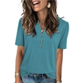 Women's summer V-neck T-shirt with decorative buttons in peacock blue color - S / Dark Lake Green