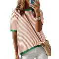 Jersey de verano de manga corta para mujer con rayas naranja blanco y bordes verdes - S / Naranja y Blanco con Ribete Verde