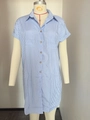Blue and white striped short sleeve cotton linen shirt dress with front pockets and buttons - Actual Display