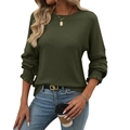 Women's dark green ribbed long sleeve T-shirt with elegant ruffled cuffs and crew neck - Army Green