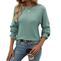 Salbeigrünes geripptes Langarm-T-Shirt mit Rüschenbündchen und lässigem Rundhals - S / Seegrün