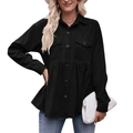 Camisa babydoll de pana negra para mujer con manga larga y dobladillo volado - S / Negro