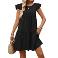 Women's black tiered ruffle summer dress with bohemian short sleeves and A-line silhouette - S / Black