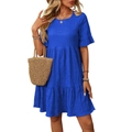 Bright blue round neck babydoll dress with ruffle sleeves and pleated texture - Royal Blue
