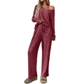 Women's burgundy ribbed loungewear set with V-neck long sleeve top and drawstring pants - S / Burgundy