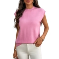 Maglione in maglia rosa senza maniche con collo alto e dettagli a costine da donna - S / Rosa