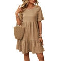 Relaxed fit khaki tiered mini dress with ruffled sleeves and textured crinkle fabric - S / Khaki