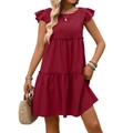 Robe d'été bordeaux pour femmes avec jupe à volants, col rond et manches à froufrous - Bordeaux