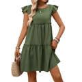 Green short sleeve tiered dress with ruffle cuffs and a round neck in mini length - S / Army Green