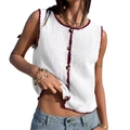 Women's white sleeveless knit vest with burgundy wavy trim and brown buttons in Y2K style - S / White