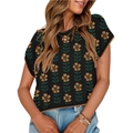 Knit crop top with sunflower pattern, cap sleeves and contrasting yellow trim on white backdrop - S / Black