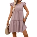 Short-sleeved lavender bohemian dress with ruffle sleeves and tiered skirt details - S / Light Purple