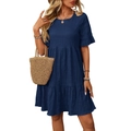Navy blue short sleeve tiered dress with pleated texture and stylish ruffle cuffs - S / Navy Blue