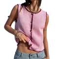 Pink sleeveless knit vest with deep red contrast trim and vintage buttons in Y2K style - S / Pink