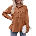 Camisa babydoll de pana para mujer en marrón caramelo con bolsillos y bajo volante - S / Caramelo