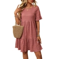 Short sleeve tiered maxi dress in dusty pink featuring textured fabric and ruffle cuffs - S / Dusty Pink