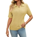 Bright yellow short sleeve cable knit Polo sweater for women with a classic V-neck collar - S / Light Yellow